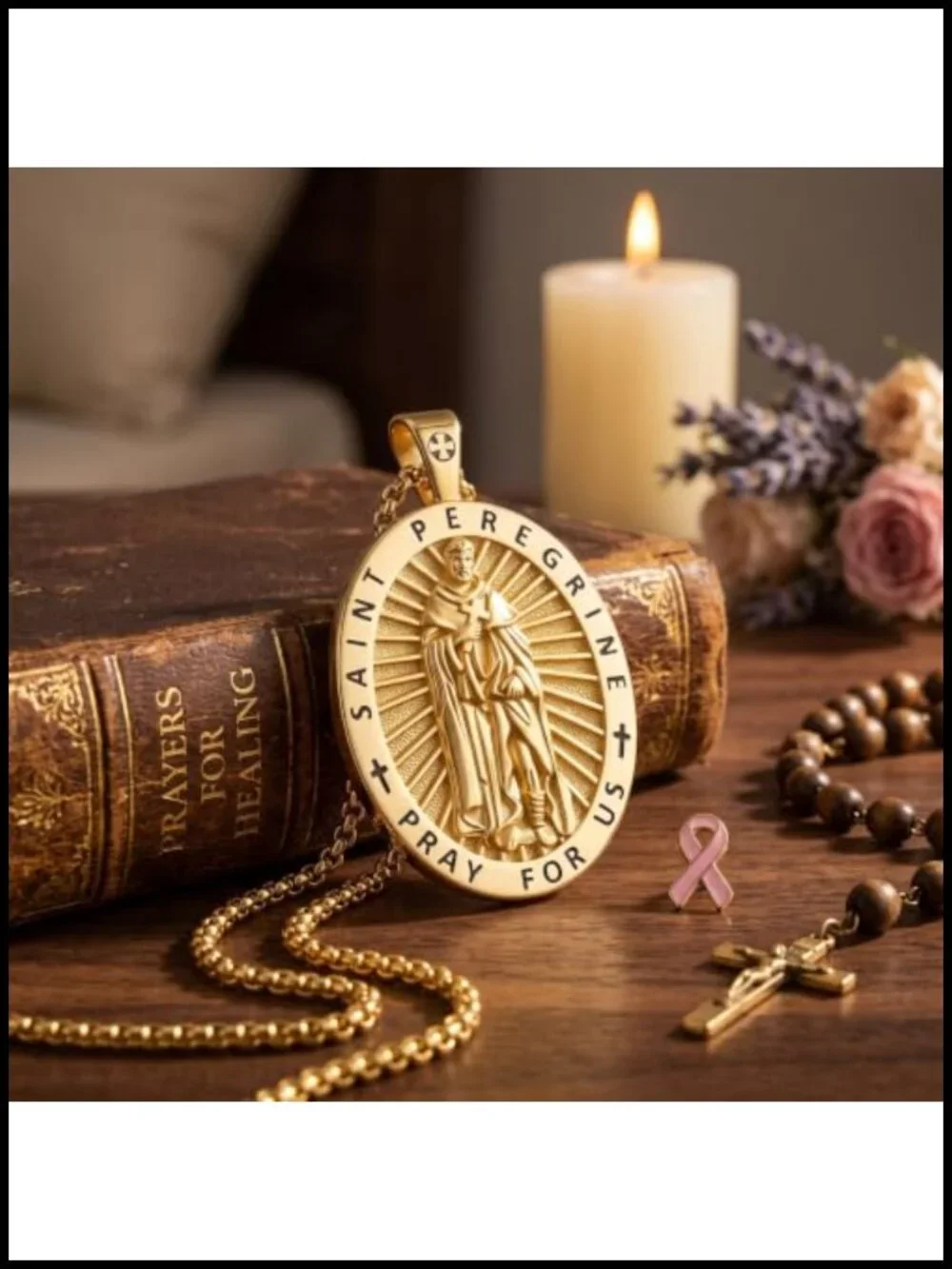 St Peregrine 925 Sterling Silver Necklace, 18k Gold Plated Catholic Patron